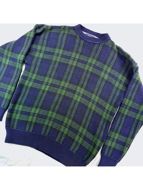 Woods & Gray Other - Vintage Woods & Gray Mens M Plaid Sweater Navy Green Cotton Knit 90s Grandpa
